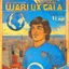 Placeholder: A 1980 medieval london comic cover of uruguayan sky-blue football magazine. At the street city, Manhattan.