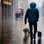 Placeholder: man walking in rain in the city with a dog