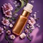 Placeholder: a small bottle for cosmetics on a beautiful floral background, high-quality picture, top view