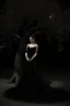 Placeholder: Wednesday in a low-cut black gown standing under a black tree, photorealistic, delicate detail.