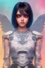 Placeholder: Battle angel, futuristic fantasy assassin character, portrait from waist up, intricate eyeliner, vibrant eyeshadow, clear completion, soft lighting, 4k resolution, intricate details, insanely detailed, white tank top, vibrant Japanese style tattoo sleeve, colorful cityscape background, masterpiece, expert, cinematic smooth, retroanime style, realistic details,