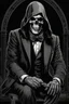 Placeholder: ultra high image quality, Grim Reaper, WEARING A 3 PIECE SUIT, POSED FOR DOLLAR BILL PORTRAIT, LINE TONE, WSJ STYLE, HEDCUT, Close-up of an set against AMOLED-worthy pure black backdrop, fantasy art style infused with filter, tailored for vertical wallpaper, exclusive design with no duplicates, radiating beauty suitable for a PC screen image, vivid colors, ultra fine, digital painting, BASED ON THE UNITED STATES TREASURY NOTE ONE DOLLAR BILL