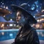 Placeholder: pen outline, layered, portrait of dark space witch by the pool, pool contains floating star ship of extreme complexity and beauty,bokeh like f/0.8, tilt-shift lens 8k, high detail, smooth render, down-light, unreal engine