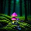 Placeholder: "Close up of a wonderful tiny Mushroom Tower home. Magenta and yellow with bright white, deep black and contrasting tones of gray magenta and violet colors. Illuminated bioluminescent forest. Professional painter, master at composition. small but detailed. broken, blurred background, voluminous lighting"