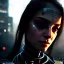 Placeholder: portrait,beautiful female robot, intense stare, sad eyes, post-apocalyptic in a cyberpunk city, realistic, intriacte detail, sci-fi fantasy style, volumetric lighting, particles, highly detailed ,cinamatic , deep colours,8k, by Caravaggio