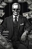 Placeholder: LINE TONE, WSJ STYLE, HEDCUT, ultra high image quality, HEAD AND SHOULDERS SHOT, SKELETON, WEARING A 3 PIECE SUIT, POSED FOR DOLLAR BILL PORTRAIT, , Close-up of an set against AMOLED-worthy pure black backdrop, fantasy art style infused with filter, tailored for vertical wallpaper, exclusive design with no duplicates, radiating beauty suitable for a PC screen image, vivid colors, ultra fine, digital painting, BASED ON THE UNITED STATES TREASURY NOTE ONE DOLLAR BILL