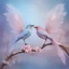 Placeholder: Two birds resembling delicate fairies, perched gracefully on a slender, magical branch. Their feathers are soft and ethereal, shimmering with pastel hues of pink, lavender, and sky blue, as if dusted with sparkling fairy dust. Each bird has elegant, translucent wings that glow faintly, adorned with intricate patterns resembling lace, giving them an almost magical quality. Their eyes are large and expressive, radiating a soft light, and they have long, flowing tail feathers that twirl gently in t