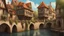 Placeholder: medieval buildings with balconies overhanging a canal, blue sky and people, photorealism, trees, foliage, piers, fantastical, intricate detail, concept art, people, ultra-sharp image