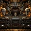 Placeholder: DJ of the damnded, insanely detailed DJ booth in hell, MID set, speakers and equipment made of bone, anatomically correct, add more skulls in th audience, photorealism, vray, 8k 3d