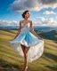 Placeholder: full-body closeup shot of a young, beautiful girl with a perfect face and makeup,wearing pretty dance dress standing in a stage in open air nice hills , blue sky ,pretty clouds at distant