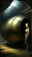 Placeholder: in the back lot of a warehouse, sci fi big stasis capsule for a human, unique, oblong, fantasy art, painting