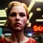 Placeholder: Ultra Realistic retro sci-fi afire Supermarket parking scene, 1960 year, blonde woman, sweet scarlet Johansson face, perfect iris, glow eyes, face makeup, tight latex coat; many panic people looking, Retro sci-fi style, soft color, highly detailed, unreal engine 5, ray tracing, RTX, lumen lighting, ultra detail, volumetric lighting, 3d, finely drawn, high definition, high resolution.