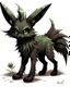 Placeholder: Eevee together with a Poison type Eeveelution that has inky black fur, eerie green eyes, a long and slender tail with a series of sharp, stinger-like spines at the end, dark green poison markings on its body, and pointed ears edged with a faint, purplish hue, symbolizing its poison-typing.