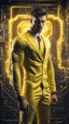 Placeholder: Hyper Realistic handsome muscular Electric-Superhero wearing fancy yellow tuxedo in a dark-rustic-circuit-room with electric-sparks & a massive circuit-board-wall