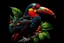 Placeholder: Lively 4D HDR Visualize an (((ultra detailed toucan))), its hyperdetailed beak, eyes and intricate feathers, plucking a red coffee bean from an arabica coffee plant, stylized tropical rainforest foliage, featuring line art and color splashes, set against a (matte black background) with a (developed artist's attention to detail), gorgeously contrasted by a (water splash) and a (color splash art) that mimics fire and water, all rendered in ultra-detailed artistry"; lush jungle environment 《Inspire