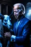 Placeholder: biden holding a goat in the style of giger, spraypaint, photorealism, trending on artstation, 8k, depth of field, downlight, lightrays, volumetric, white hall, brown and blue