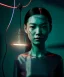 Placeholder: Ultra realistic photographic night portrait, cinematic, <Asian woman> <hanging wires> <retro monitor> many wires coming out of the head <perfect pupil> <cyborg arm> <garage> <wide angle Shot> <sci-fi futuristic> <thriller>, neon lights, color fog, soft color, highly detailed, unreal engine 5, ray tracing, RTX, lumen lighting, ultra detail, volumetric lighting, high definition.