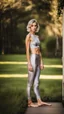 Placeholder: anorexic yoga woman, androgynous, model face, model body, satin silver leggins, satin silver yoga top, frontal pose, standing, towards camera, frontal, medium length wavy bob haircut