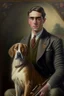 Placeholder: Make me a oil portrait of a very rich person that is 27 Years old from 1920 with a dog and an old rifle