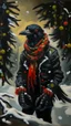 Placeholder: An oil painting by Miyazaki and Matisse of a human-like crow adorned in a punk leather jacket within a snowy Christmas atmosphere.