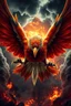 Placeholder: Create a ultra high definition and photorealistic image, 12k quality of a beautiful phoenix, majestic and strength showing, emphasis on texturized claws, upclose with a front view flying towards the camera, centre of an explosive and chaotic background scene of Armageddon where he is followed by demon like dark clouds in persuit trying to grab him, phoenix has striking eyes and determined look, majestic wings folded inwards in flight, bright auburn, black, white, grey and yellow colours, gothic