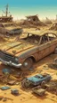 Placeholder: Fatal Order in a junk art style. Make me a picture of an old car The car is surrounded with junks in the desert