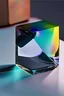 Placeholder: transparent paperweight reflects smooth prism onto black glass table