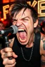 Placeholder: A very angry and bitter punk rocker screaming at microphone, very aggresive image in a club house, his name i FOLKE, and the name FOLKE in background
