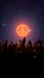 Placeholder: A field of random people rising hands up in a bright lighting , in the background a glowing a lot of of the universe stars and a huge circle of the peace sign with fire’s texture