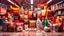 Placeholder: A 3D design of supermarket items such as Coca-Cola, Fanta, mineral water, chocolate, packaged cakes, chips, puffs, Nutella, Rani, candy, shampoo, detergent, soda, and ice cream with an orange, red, and white color theme in a special psychedelic space.