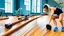 Placeholder: woman makes wood floor dirty in public fitness center