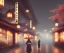 Placeholder: misty foggy area with a geisha in the middle of a bright japanese city at night