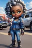 Placeholder: airbrush illustration of the chibi cartoon character, a voluptuous black female in a blue jean outfit with biker boots. Her prominent makeup and hazel eyes, along with her detailed platinum blonde bantu knots, are featured in this image, set against the background of a lively bike show.