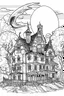 Placeholder: A haunted house with bats flying around and a full moon in the background. Outline, sketch style, only use outline, mandala style, clean line art, white background, no shadows, no clear wall, coloring page.