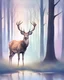 Placeholder: night, deer with antlers standing sideways, looking at viewer, realistic water color painted, among light colored tall simplified tree trunks, foggy, digital painting, Easter Spring pastel colors, colorful, dark background