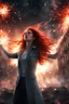 Placeholder: Photorealistic young long red-haired woman standing, with arms raised, looking at an exploding building at night, with red auras around her