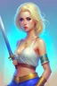 Placeholder: pretty girl, blonde, conventionally attractive, bright clothes, realism, dreamy, tight top, strong, sword