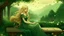 Placeholder: A stunning illustration of a young woman with long, golden blonde hair, sitting serenely on a bench amidst a lush, blurred green landscape. The flowing green dress she wears accentuates her delicate form, and the soft colors of the background create a sense of harmony and tranquility. Delicate flowers and vines surround the bench, adding to the peaceful ambiance of the scene., illustration