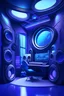 Placeholder: futuristic, home music studio room design, blue and purple colors, space ship inspired