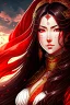 Placeholder: woman with long brown hair and red eyes, medieval concubine, anime style, highly detailed, intricate background, red and black clothes, confident, arrogant