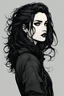 Placeholder: create a side profile, shoulder to heads, artline comic book style of a dark haired, savage, dressed in black casual skate clothing, messy hair, goth girl