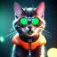 Placeholder: Scottish cat toddler, smile, cyberpunk headphone, sunglass, gangsta neckless, full body, orange puffer jacket, tokio background, dramatic lighting, hyper realistic, unreal engine 5, 16k