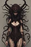 Placeholder: Demon girl wizard hat Halloween vintage girl, fullbody, creepy, horrifying, sinister, many worms parasite creature connected to the head and hands, sparks around her, sparks cybernetic, intricate, 8k, macro photography,