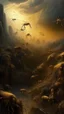Placeholder: Bosch nightmares paining style Title:a bees colony , 8k artistic photography, photorealistic concept art, soft natural volumetric cinematic perfect light, chiaroscuro, award-winning photograph, masterpiece, oil on canvas, Raphael, Caravaggio’s, Greg Rutkowski, people, beksinski, Giger