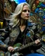 Placeholder: "Midnight Serenade unique" low view angle shot down village road , large close up a beautiful young blonde woman wearing a cool black leather jacket like rocker style and holding a guitar, granite terrazzo motifs with puzzle modern clothing is decorated with colorful filigree abstract, Collage chutes papiers magazines,Spirograph background by Nisa Kiley, Textile Artist
