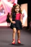Placeholder: 2 years old baby girl fashion model with high heels ,curvy wavy hair ,cat walks in runway,catwalk and pose at end with cute