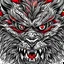 Placeholder: Closeup illustration of just the angry red eyes of a beast, tattoo design, black ink, cartoonist,