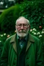 Placeholder: Un retrato de un anciano con un sobretodo verde y lentes de marco grueso en un jardín de rosas
