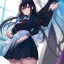 Placeholder: Clear focus,High resolution, Black long hair, Purple eyes, Wearing a maid outfit with a short skirt, blurry background, a seductive look on her face, seductive smile