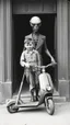 Placeholder: An old picture style of black and white mono very bad quality looks very old camera picture with cracks of boy with a scooter standing beside an Alien creature that is dressed like a man , year 1900